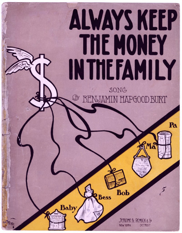 Ein Plakat mit fetter schwarzer Schrift, die "Immer das Geld in der Familie lassen" lautet, auf einem weißen Hintergrund, das eine farbenfrohe Illustration einer strahlenden Familie von vier zeigt, die in einem Kreis unter einem hellblauen Himmel mit weißen Wolken steht.