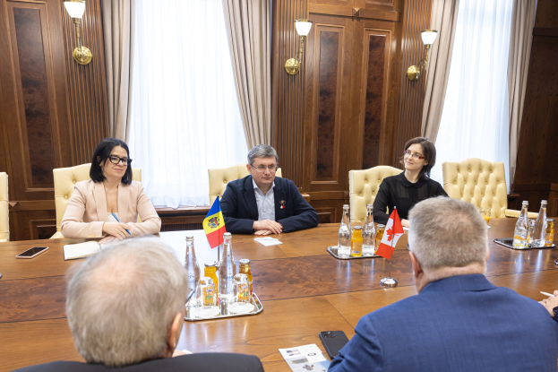 Eine Gruppe von Menschen sitzt um einen Holztisch in einem formellen Setting, diskutiert mit EU-bezogenen Materialien und Gegenständen auf dem Tisch.