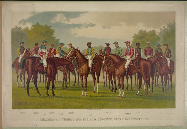 Gruppe von Menschen, die auf Pferden durch eine grüne Wiese mit Bäumen und einem blauen Himmel reiten, mit Text am unteren Rand: "Feier der Siegerpferde und Jockeys des amerikanischen Turfs."