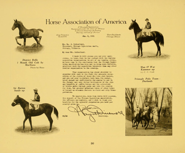 Vintage paper titled "Horse Association of America" featuring illustrations of people in traditional clothing riding horses of various sizes and colors.