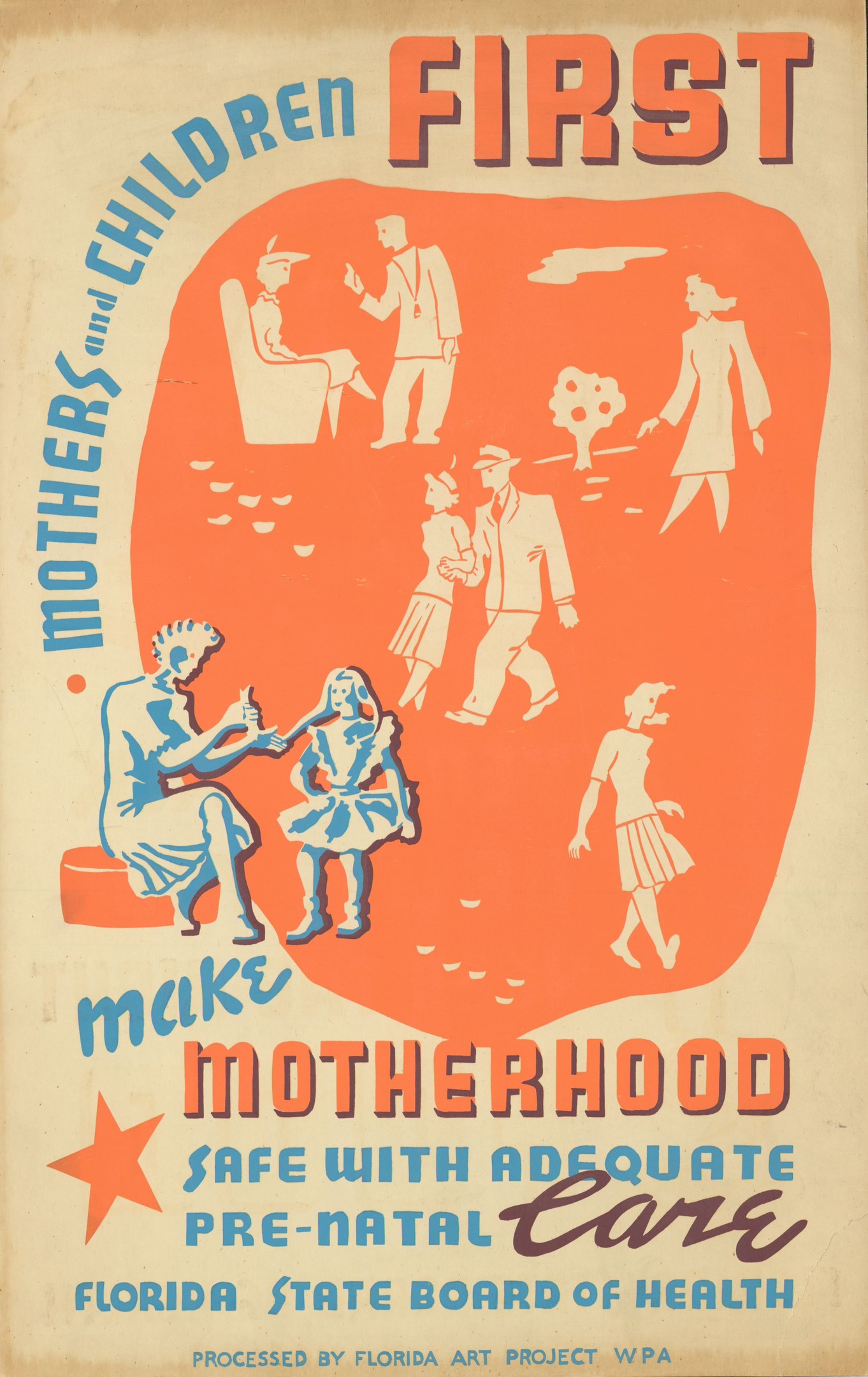 Plakat mit fetter weißer Schrift "Machen Sie die Mutterschaft mit ausreichender vorgeburtlicher Betreuung sicher" auf einem hellblauen Hintergrund, das verschiedene lachende Menschen unterschiedlichen Alters, Geschlechts und Ethnien zeigt.