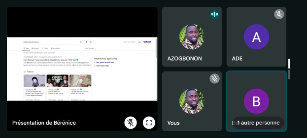 Ein Screenshot einer Website mit einer Gruppe von Menschen auf der linken Seite, Bildern, Text und Icons auf der rechten Seite und "Yahoo Finance - Präsentation de Bérénice" unten.