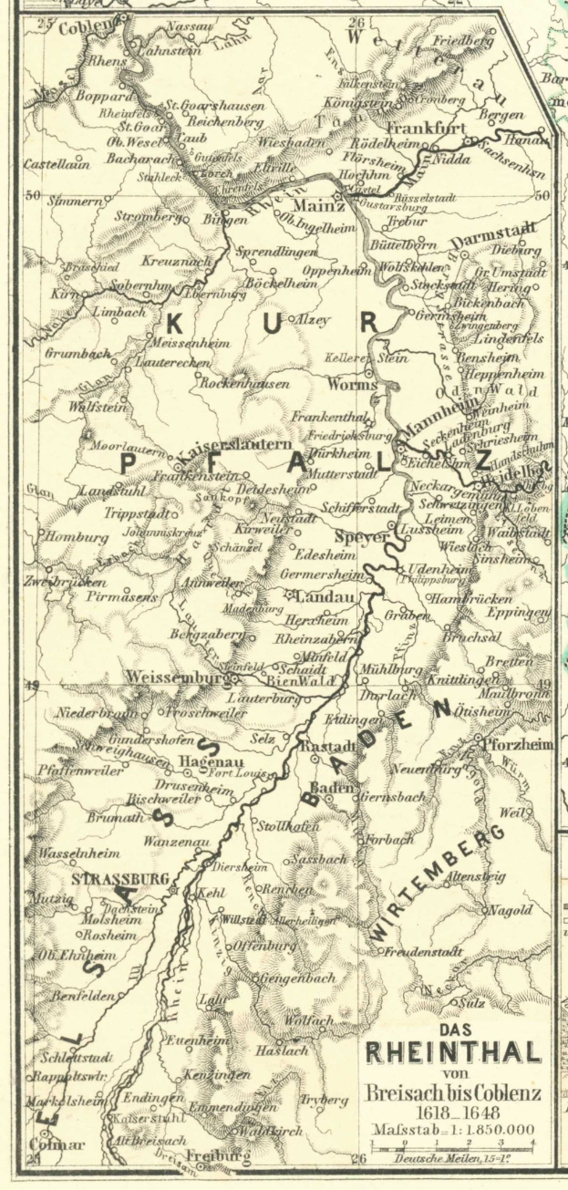 Ein detaillierter alter Plan des Rheins in Deutschland, der Flüsse, Städte und geografische Merkmale zeigt, mit Text oben und unten auf dem Papier.