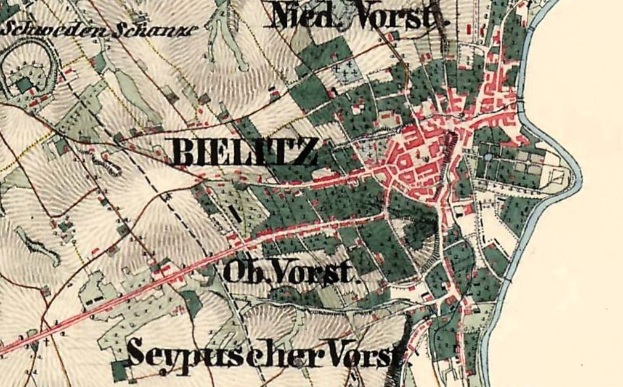 Detailierte alte Karte von Bielitz, Deutschland, zeigt Straßen, Gebäude und Sehenswürdigkeiten mit Textanmerkungen.
