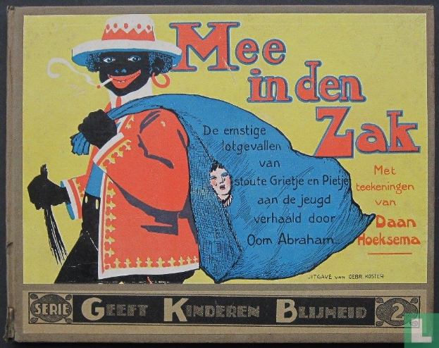 Plakat auf schwarzem Hintergrund mit dem Text "mee in den zak" und einem Bild einer Person in einem weißen Hemd und blauer Mütze mit einem frechen Gesichtsausdruck.