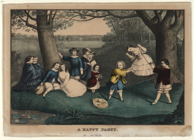 Kinder spielen in einem Park mit Bäumen und Gras, einige sitzen und andere stehen; Text unten lautet "Eine glückliche Party".