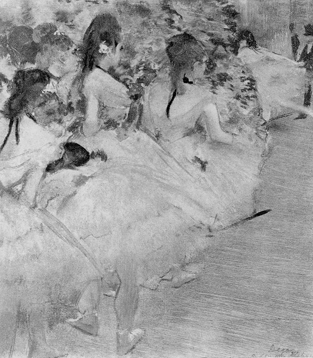 Eine Schwarz-Weiß-Zeichnung einer Gruppe von Tänzern in einem Studio, mit einem Tänzer in der Mitte, alle tragen farbenfrohe Tutus und Spitzenschuhe, vor einem unscharfen Hintergrund mit Text unten.