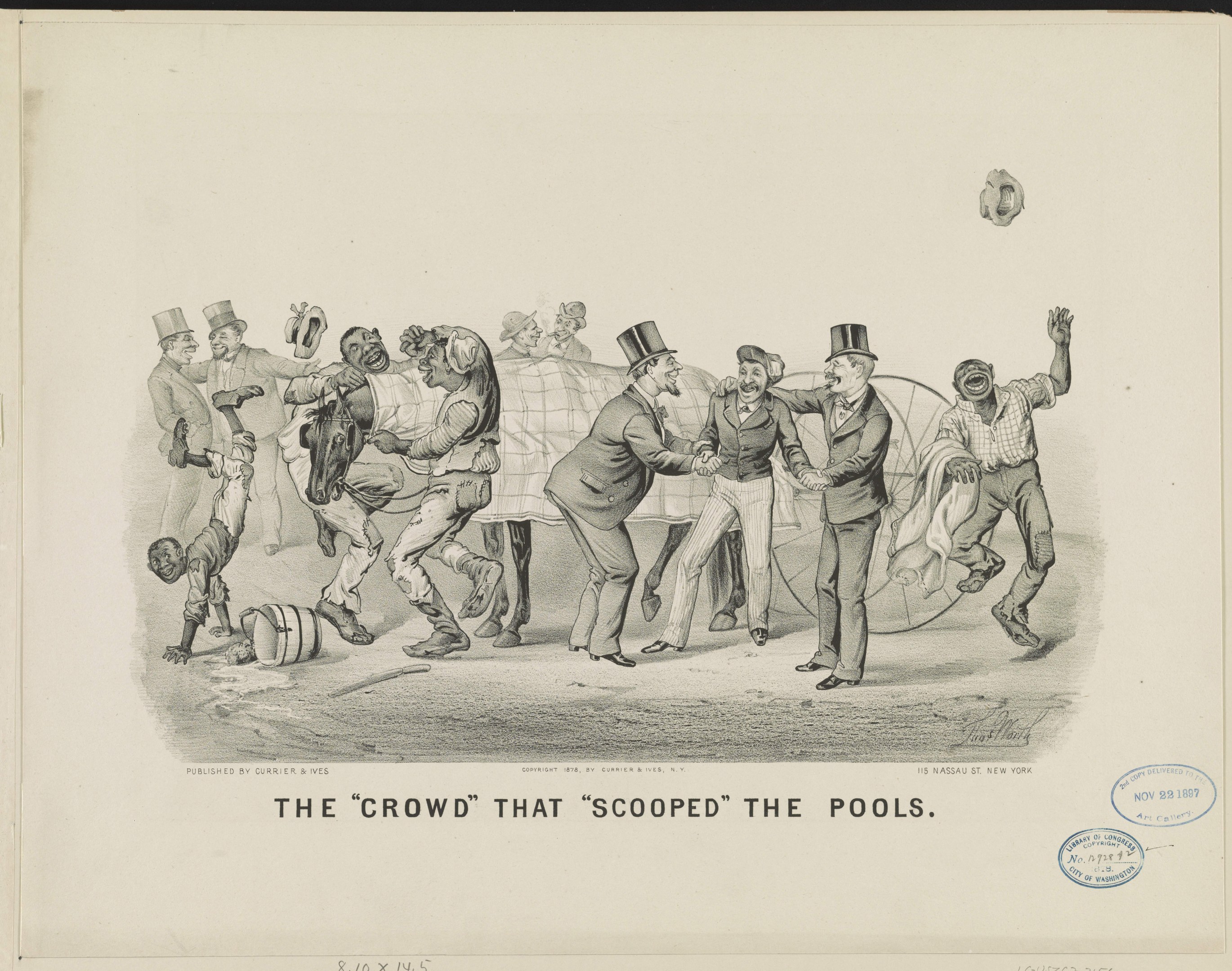 Menschen um ein Schwimmbecken herumstehend, einige schauen hinein, auf einem Blatt mit Text.