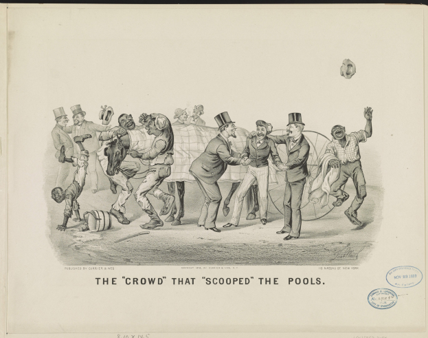 Menschen um ein Schwimmbecken herumstehend, einige schauen hinein, auf einem Blatt mit Text.