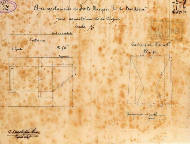 Alter Architekturplan für ein Haus auf vergilbten Papier mit Text und einem Stempel auf der linken Seite.
