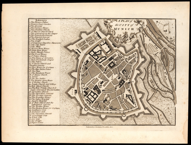 Detailreiche alte Karte von München, Deutschland, mit Straßen, Gebäuden und Sehenswürdigkeiten auf einem schwarzen Hintergrund, begleitet von Textbeschriftungen.