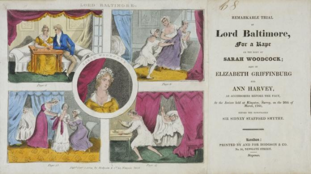 Illustration einer historischen Gerichtsszene, die den Prozess von Lord Baltimore wegen Vergewaltigung zeigt, mit einem Blatt mit Porträts, Vorhängen und Text.