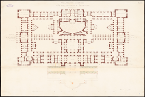 Ein detaillierter Grundrissplan des Reichstags in Berlin, Deutschland, der den kreisförmigen Aufbau des Gebäudes zeigt, einschließlich Räumen, Fluren, Fenstern und Türen, mit begleitendem Text, der weitere Informationen bereitstellt.
