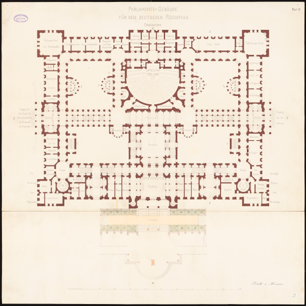 Ein detaillierter Grundrissplan des Reichstags in Berlin, Deutschland, der den kreisförmigen Aufbau des Gebäudes zeigt, einschließlich Räumen, Fluren, Fenstern und Türen, mit begleitendem Text, der weitere Informationen bereitstellt.