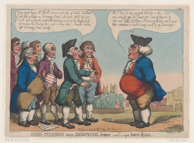 Cartoon darstellend eine Gruppe von Menschen vor einem Gebäude mit Bäumen und Himmel, mit Text unten lesend "odd fellows from downing street complaining to John Bull".