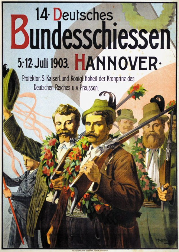 Deutsches Propagandaplakat aus dem Zweiten Weltkrieg, das eine Gruppe von Menschen in Kränzen mit Gewehren zeigt, mit Text oben und unten.