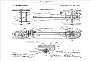 Ein detailliertes Patentbild eines frühen 20. Jahrhundert-Autos mit einem Lenkrad und Mechanismus, begleitet von beschreibendem Text auf dem Papier.