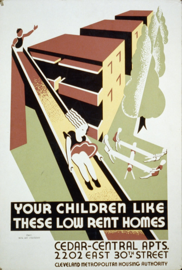Plakat an einer Wand mit dem Text "Deine Kinder mögen diese günstigen Wohnungen" und einer Illustration eines Gesichts umgeben von Gebäuden und Bäumen.