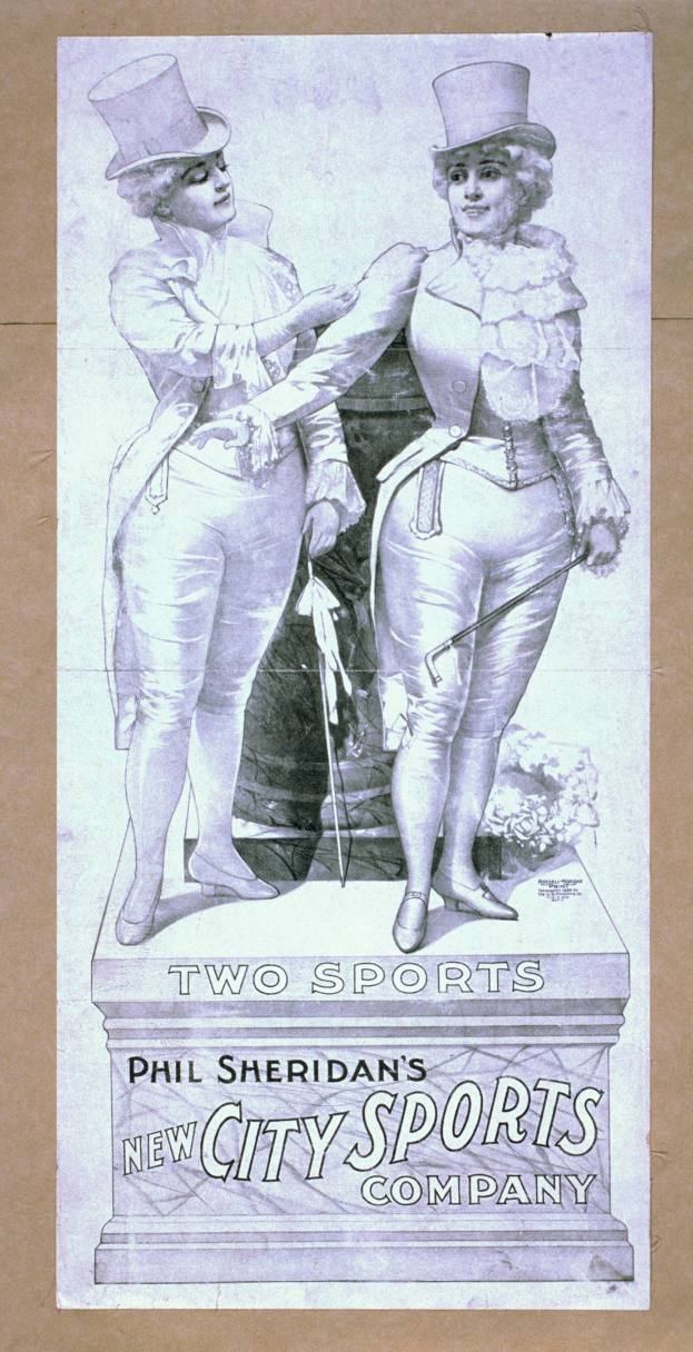 Plakat für Phil Sheridans neues Stadt-Sport-Unternehmen mit zwei Personen nebeneinander und Werbetext.