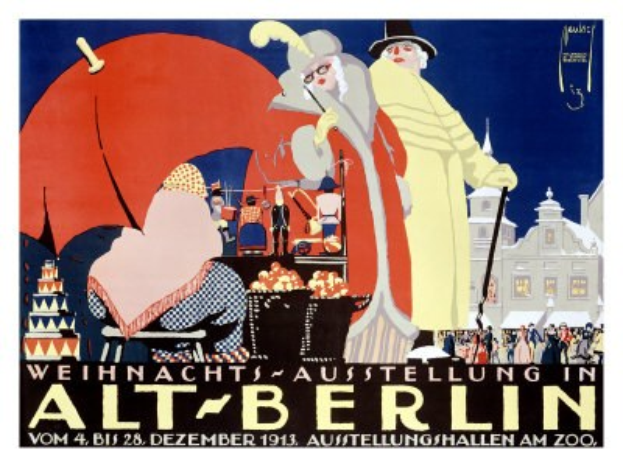Plakat, das eine Weihnachtsausstellung in altem Berlin ankündigt, mit einer bunten Illustration von Menschen und Gebäuden und dem Text "Weihnachtsausstellung in Alt-Berlin" oben.