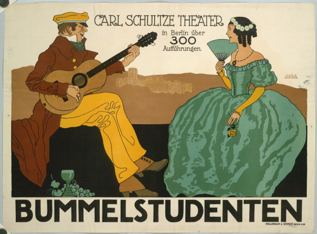 Plakat für ein Konzert im Carl-Schulze-Theater in Berlin, Deutschland, mit einem Mann, der eine Gitarre spielt und einer Frau, die ein Fächer hält.