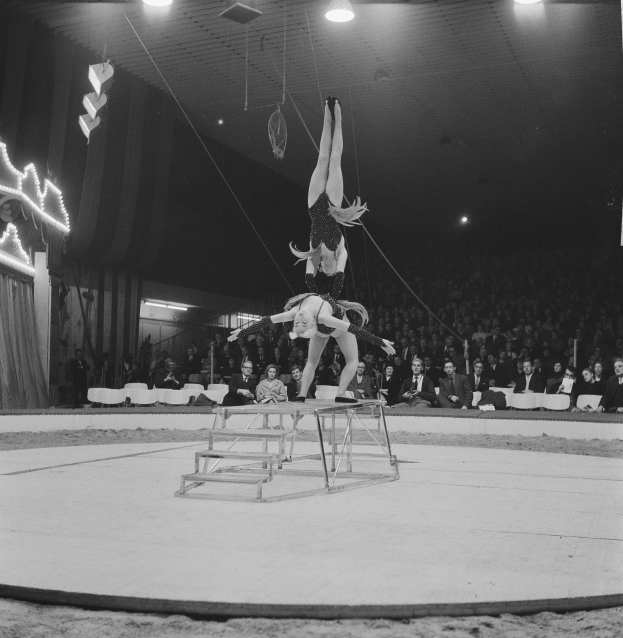 Zwei Akrobaten performen auf einer von Deckenlampen beleuchteten Bühne, mit einem sitzenden Publikum im Hintergrund.