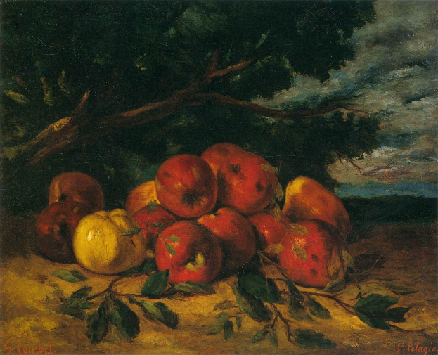 Ein Bild mit dem Titel "Naturstillleben mit Äpfeln und Birnen" von St. Pelagre, das ein Naturstillleben von Äpfeln und Birnen auf einem Tisch mit einem Baum und einem wolkenverhangenen Himmel im Hintergrund zeigt.