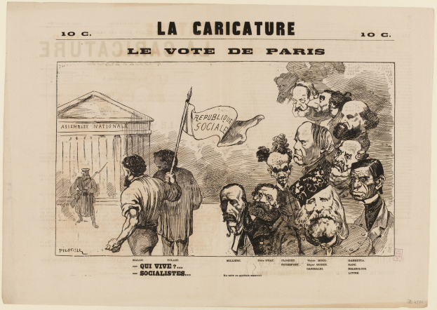 Eine Karikatur, die eine Gruppe von Menschen vor einem Gebäude zeigt, wobei eine Person eine Flagge hält, mit der Überschrift "La Caricature Le Vote de Paris".