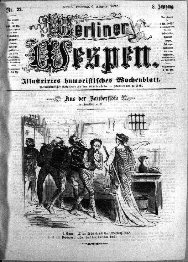 Altes Schwarz-Wei├č-Zeitungsbild vom "Berliner Wespen, 6. August 1875" mit einer Gruppe von Menschen in Not, einige schauen erschrocken hoch, andere verwirrt nach unten.
