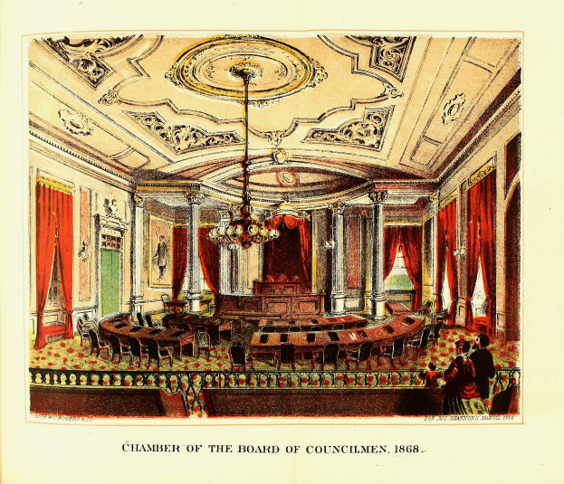 Eine Zeichnung des Rates der Stadtverordneten von 1868, die einen Raum mit Stüllen, Tischen, Vorhängen, Säulen, einem Kronleuchter und einer Decke zeigt, sowie einige Menschen und ein Schriftstück mit Text.