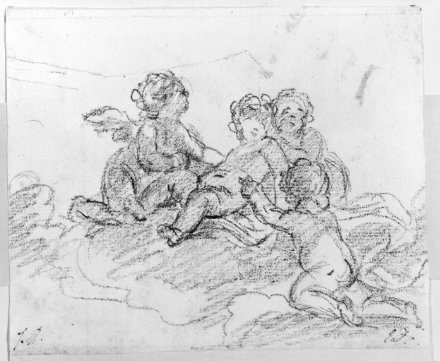 Eine Zeichnung von drei Kindern auf einer Decke sitzend, eines hält ein Baby, mit Text auf dem Papier.