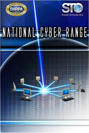 Plakat mit "Nationaler Cyber-Range" in fetter weißer Schrift auf blauem Hintergrund, das eine Weltkugel mit mehreren verbundenen Computern zeigt.