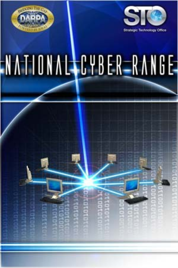 Plakat mit "Nationaler Cyber-Range" in fetter weißer Schrift auf blauem Hintergrund, das eine Weltkugel mit mehreren verbundenen Computern zeigt.