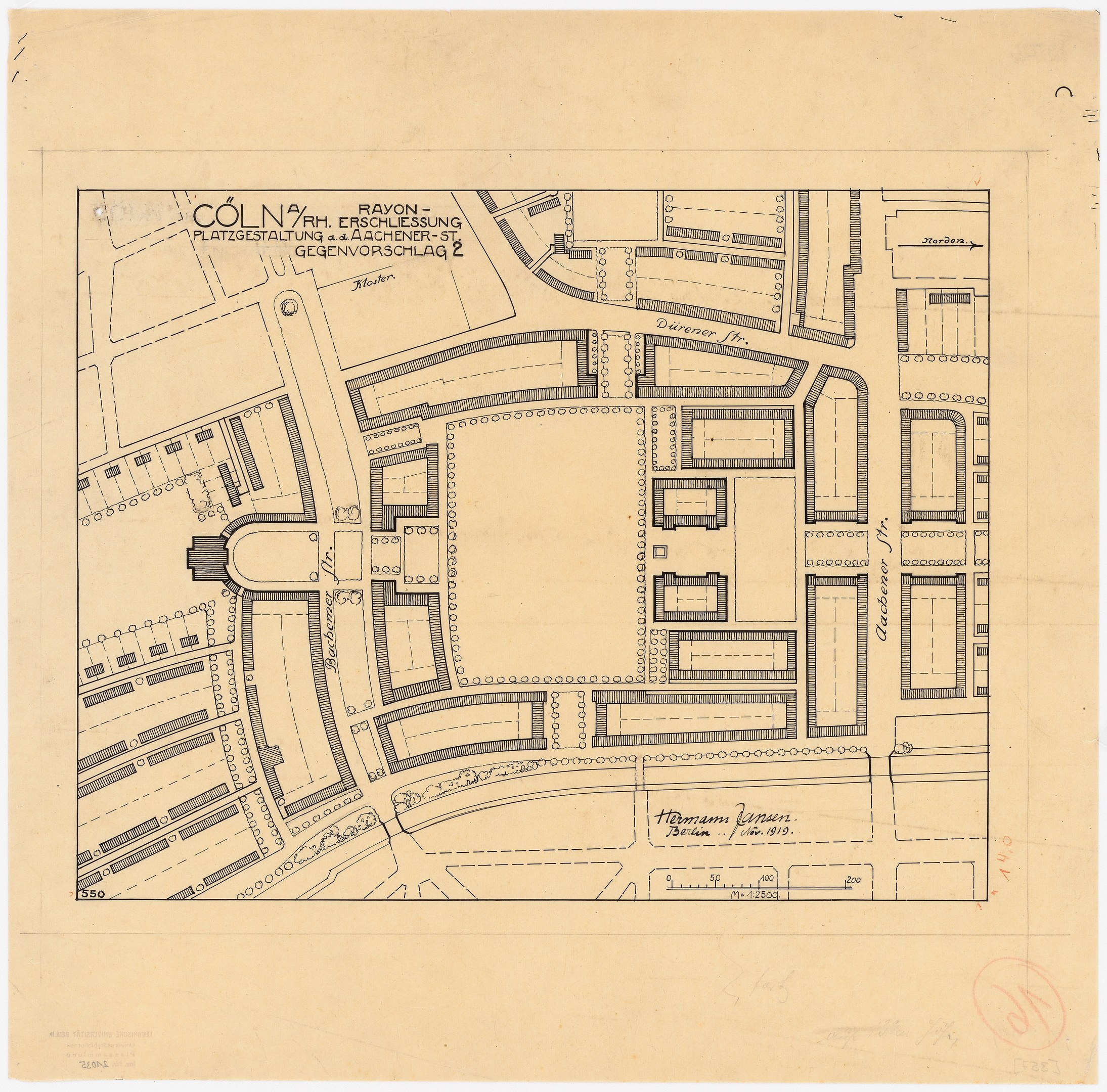 Alte Karte von Köln, Deutschland, zeigt einen detaillierten Gebäudelayoutplan mit handgeschriebenen Textanmerkungen auf altem Papier.