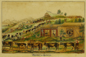 Ein Gemälde, das eine Farmszene mit Kühen im Vordergrund zeigt, umgeben von Häusern, Bäumen, Hügeln und Menschen, mit Text unten.