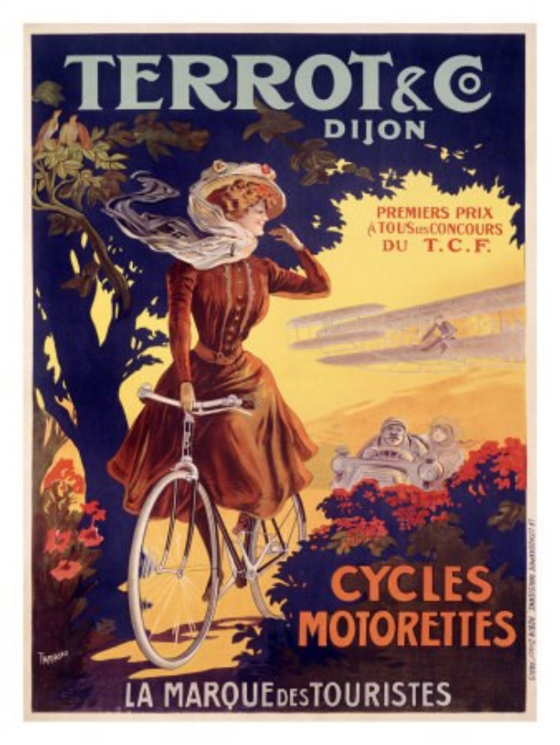 Ein Plakat, das eine Fahrradtour in Frankreich ankündigt und eine Frau zeigt, die auf einem Fahrrad durch einen Wald voller Blumen und anderer Radfahrer fährt, mit Texten, die die Tour beschreiben.