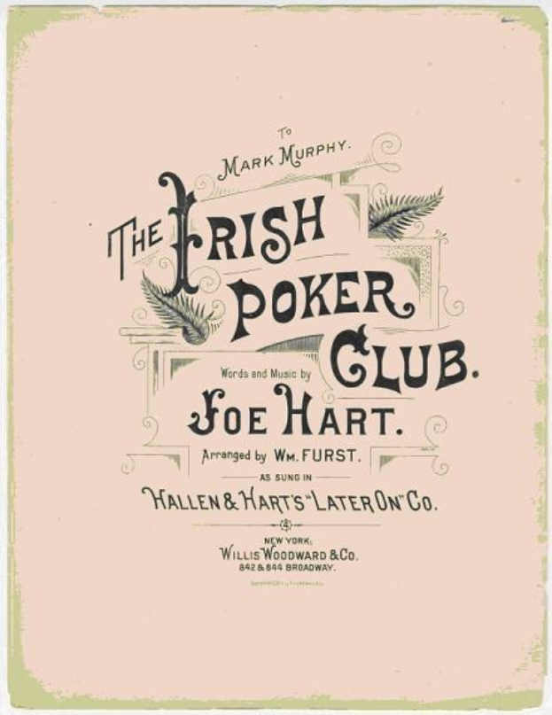 Plakat mit der Aufschrift "The Irish Poker Club" in fetter schwarzer Schrift auf einem weißen Hintergrund, eingerahmt von einem schwarzen Rand, mit einer bunten Kleeblatt-Illustration.