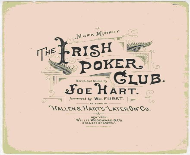 Plakat mit der Aufschrift "The Irish Poker Club" in fetter schwarzer Schrift auf einem weißen Hintergrund, eingerahmt von einem schwarzen Rand, mit einer bunten Kleeblatt-Illustration.
