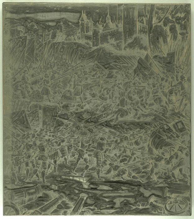 Schwarzes und weißes chaotisches Bild mit besorgten Menschen, die rennen, hohe Gebäude im Hintergrund, verstreute Gegenstände und Text unten.