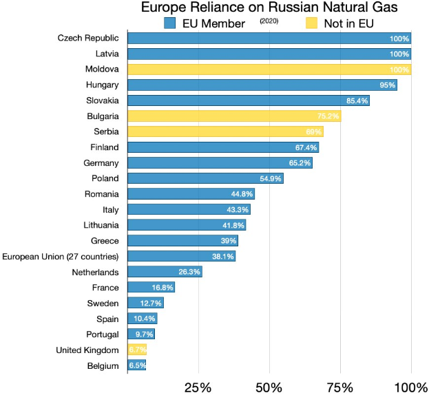 Eine Säulendiagramm, das die Abhängigkeit Europas von russischem Erdgas zeigt, mit Prozentangaben für die Investitionen in dem Land.