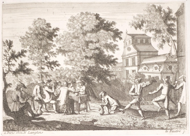 Gruppe von Menschen, die in einem Park mit Bäumen und einem Gebäude im Hintergrund ein Spiel spielen, Text unten.