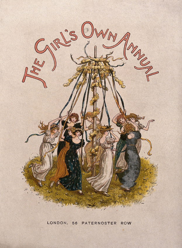 Eine Schwarz-Weiß-Illustration aus "The Girl's Own Annual", die eine Gruppe von Menschen in bunten Kleidern zeigt, die um einen mit Bändern und Dekorationen geschmückten Maibaum tanzen.