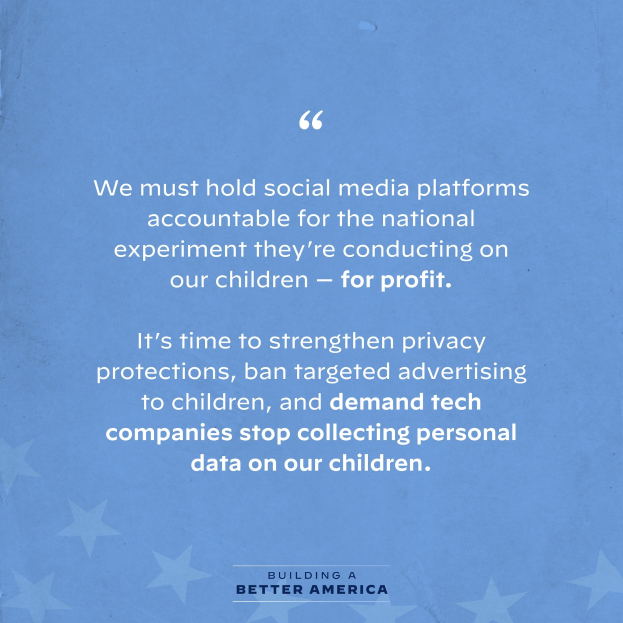 Ein Plakat mit einem Zitat aus Building a Better America, das besagt, "Wir müssen die sozialen Medien-Plattformen für das nationale Experiment zur Verantwortung ziehen, das sie an unseren Kindern durchführen - zum Profit.", geschmückt mit Sternen.
