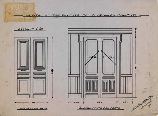 Zwei Türen mit Maßen und Text auf einem Blatt Papier, wahrscheinlich Krankenhaus-Türen.