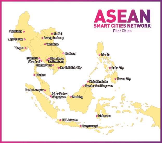 Karte des ASEAN-Netzwerks intelligenter Städte, die Pilotstädte hervorhebt und detaillierte Stadt- und Ortslagen innerhalb des Netzwerks zeigt.