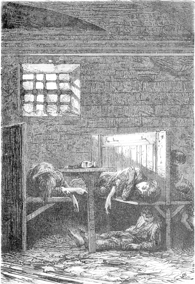 Schwarz-weiß-Illustration von schlafenden und stehenden Menschen in einem Gefängnis-Schlafsaal, mit einer Wand und einem Fenster im Hintergrund.