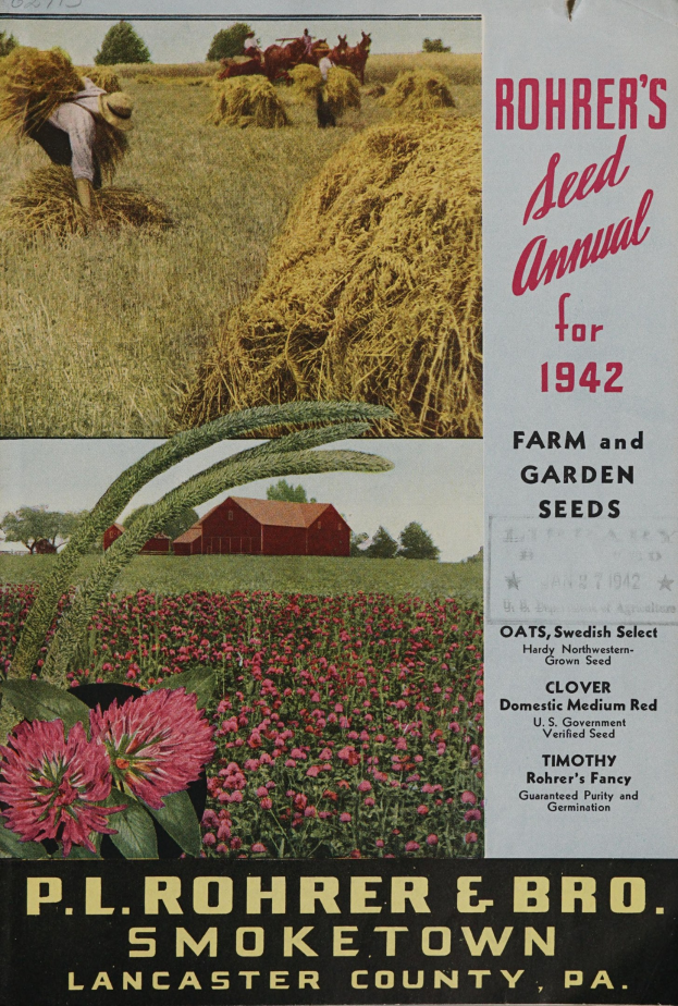 Ein Plakat für Rohrer's Saatgut-Jahrbuch 1942 mit einer bunten Auswahl an Blumen, Pflanzen, Gras, einer Person, einem Haus, Bäumen und einem klaren blauen Himmel, mit Text, der Informationen über die Samen enthält.