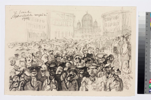 Schwarze und weiße Zeichnung einer Protestaktion mit Menschen, die schreien und gestikulieren, vor einem hohen Gebäude, mit Farbskalen auf der rechten Seite.