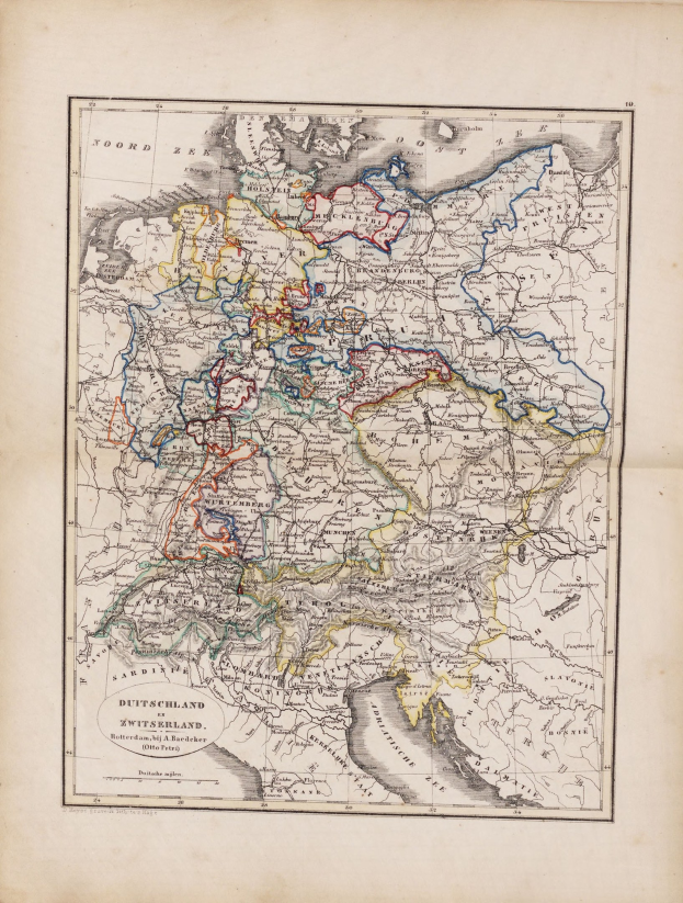 Altes Buch zeigt detaillierte Karte von Deutschland und den Niederlanden mit beschrifteten Städten, Dörfern und geografischen Merkmalen.