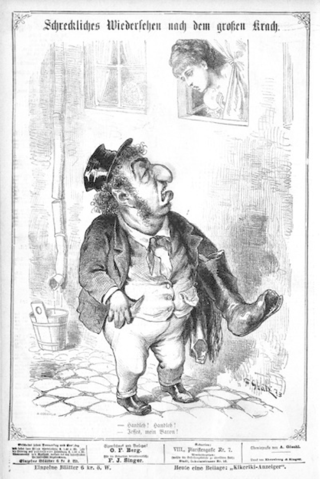 Cartoon eines Mannes mit Zylinder und einer Frau in einem Kleid mit einer Wand, einem Fenster, einem Eimer und anderen Gegenständen im Hintergrund, mit Text unten, der lautet "F. J. Singer, der erste deutsche Politiker, der in den Kongress gewählt wurde".
